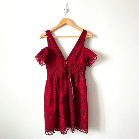 Self Portrait Openwork Lace Eyelet V Neck Dress Red Sz S - Picture 7 of 11